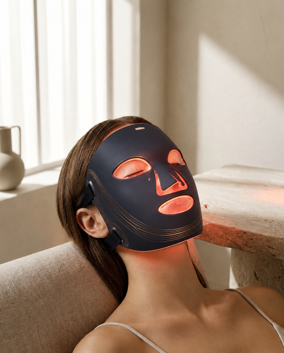 Model wearing the Lumé Halo LED light therapy mask with a soft red glow