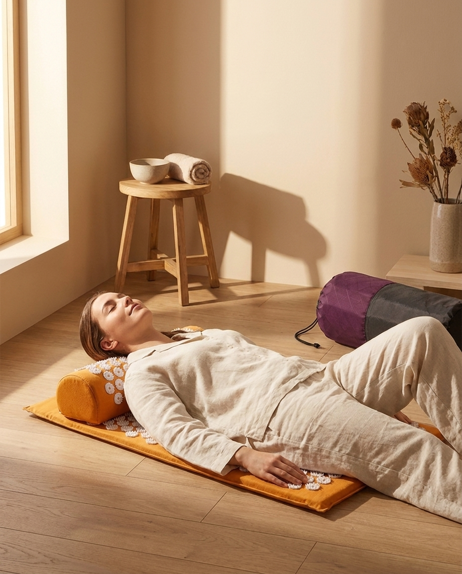 Model relaxing on the Lumé Relief acupressure mat