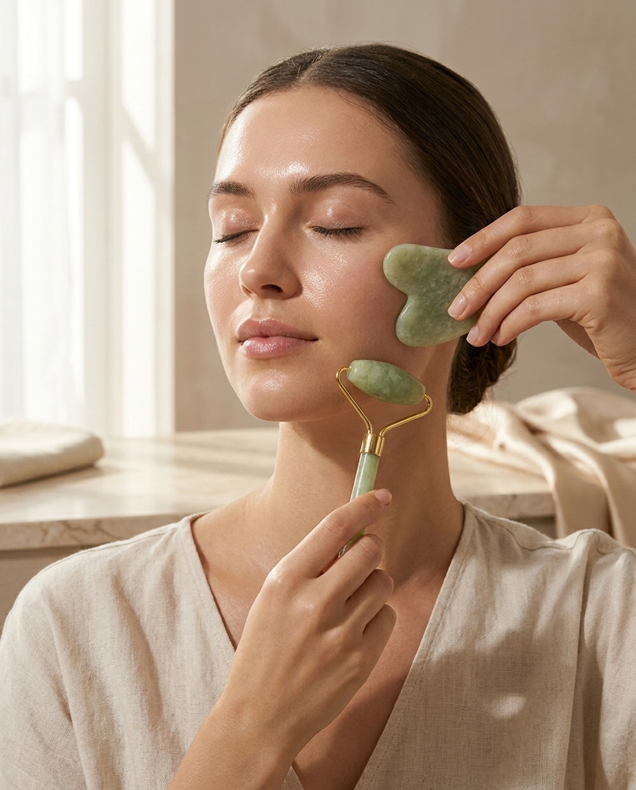 Model using the Lumé jade roller and gua sha along her jawline