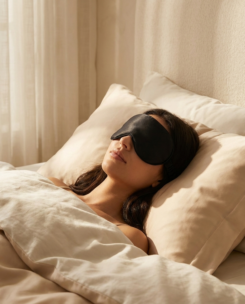 Model resting while wearing the Lumé Silk Dream sleep mask