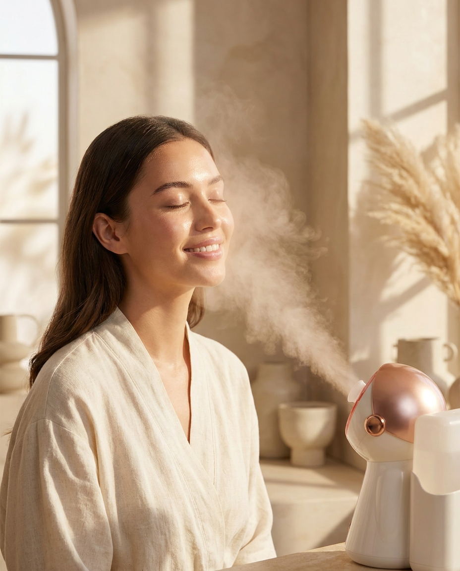 Model enjoying a facial mist from the Lumé Mist steamer