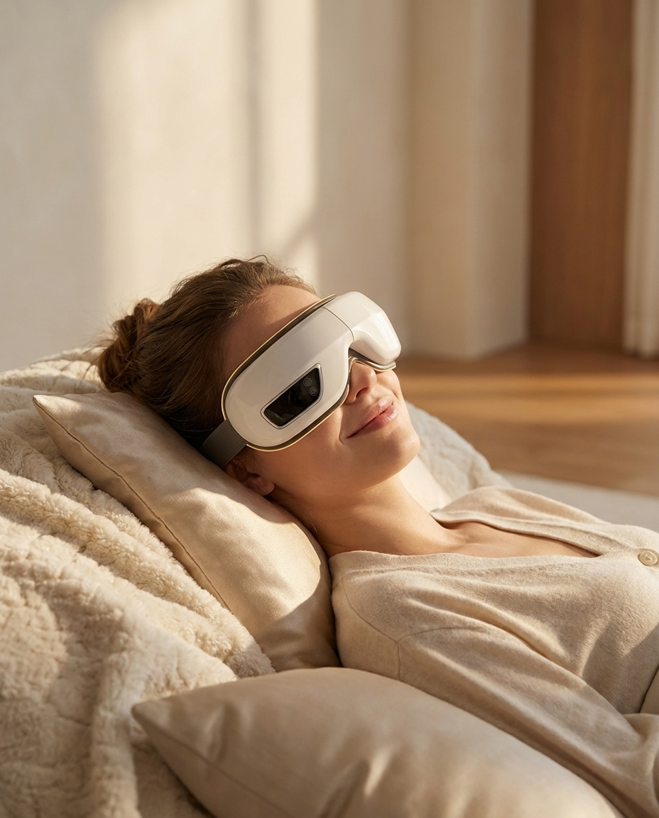 Model relaxing while wearing the Lumé Rest heated eye massager
