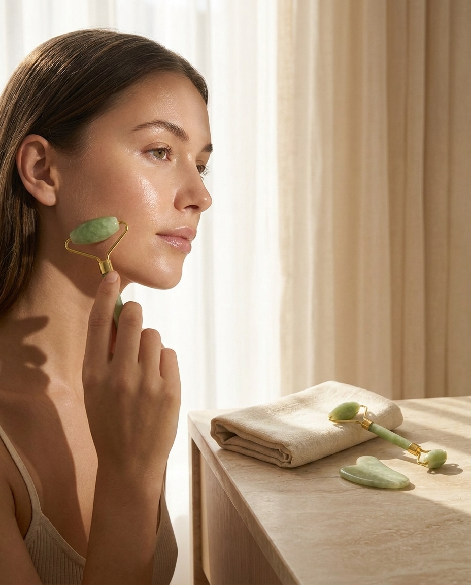 Model in her morning ritual with the Lumé Morning Glow Set