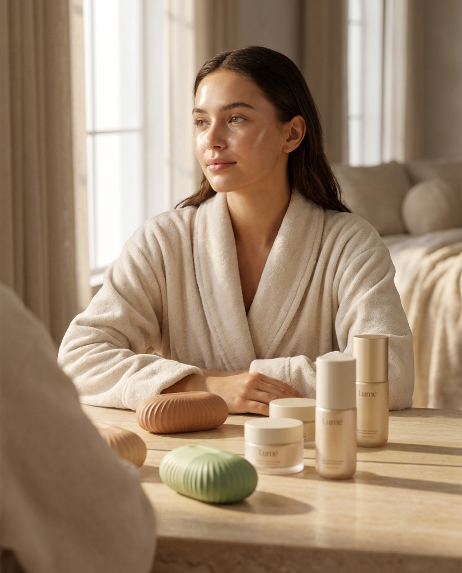 Model with the full Lumé Glow Ritual collection