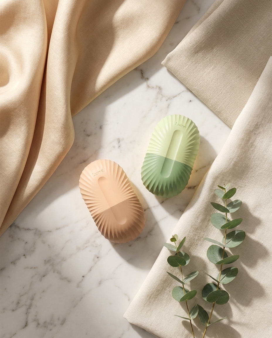 Lumé full glow ritual collection styled flat lay on marble