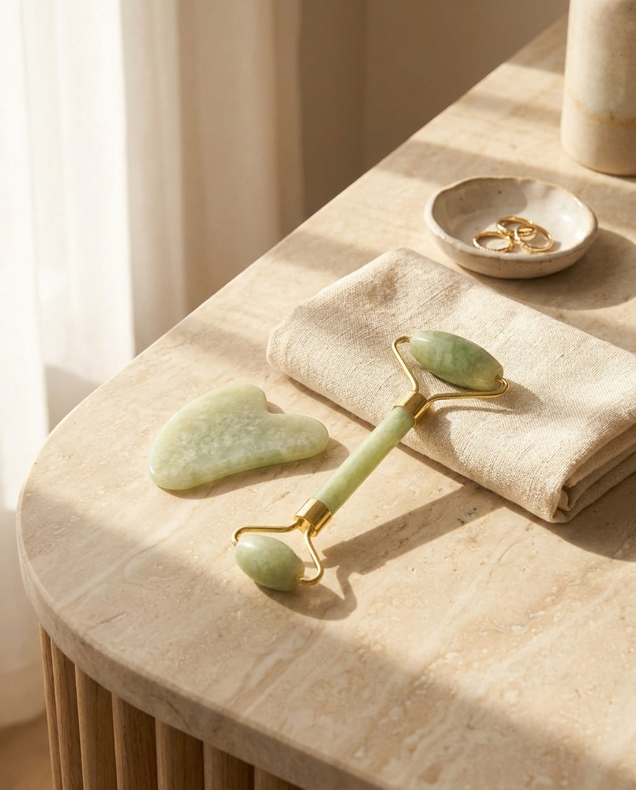 Lumé morning glow set styled on a sunlit marble vanity